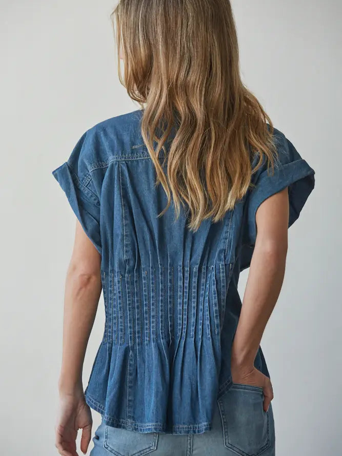 Denim Pleated Button Down Top