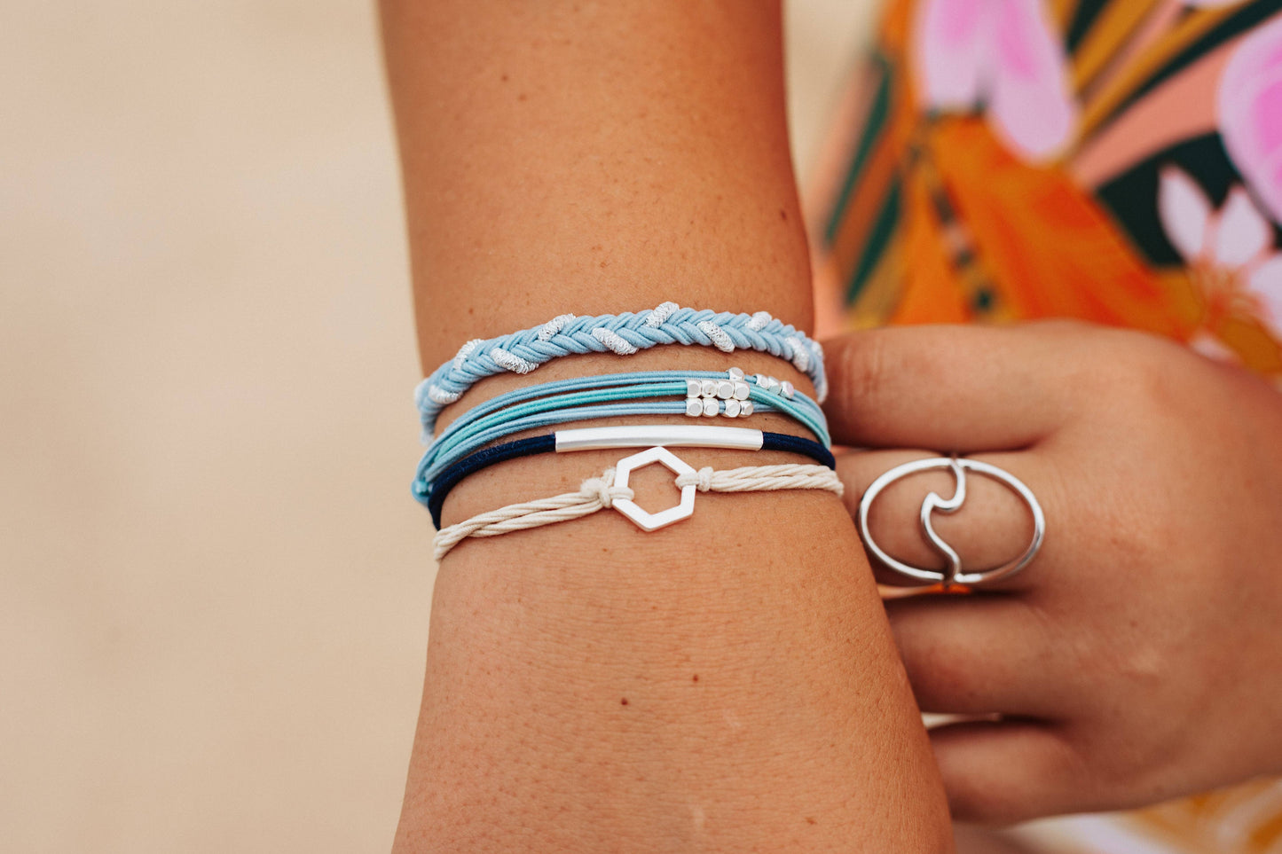 "Dream" Silver Hexagon Charm Blue Hair Tie Bracelets