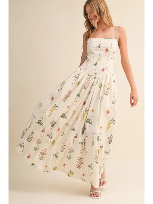 Floral Printed Cami Drop Waist Cut Maxi Dress