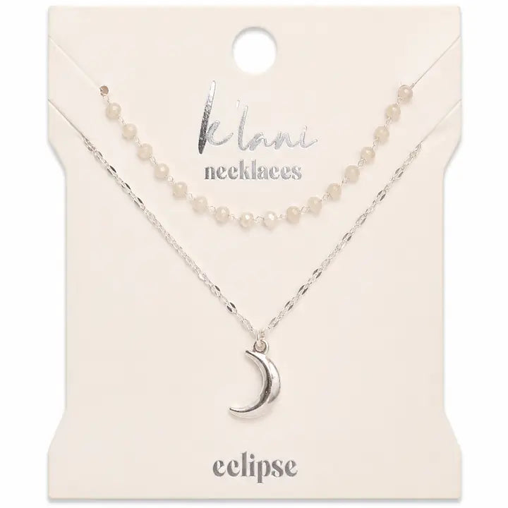 Eclipse Silver Moon Charm & Iridescent Bead Necklace Set