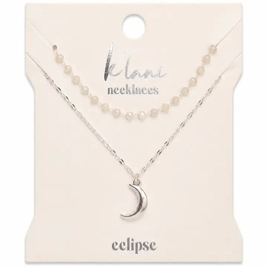 Eclipse Silver Moon Charm & Iridescent Bead Necklace Set