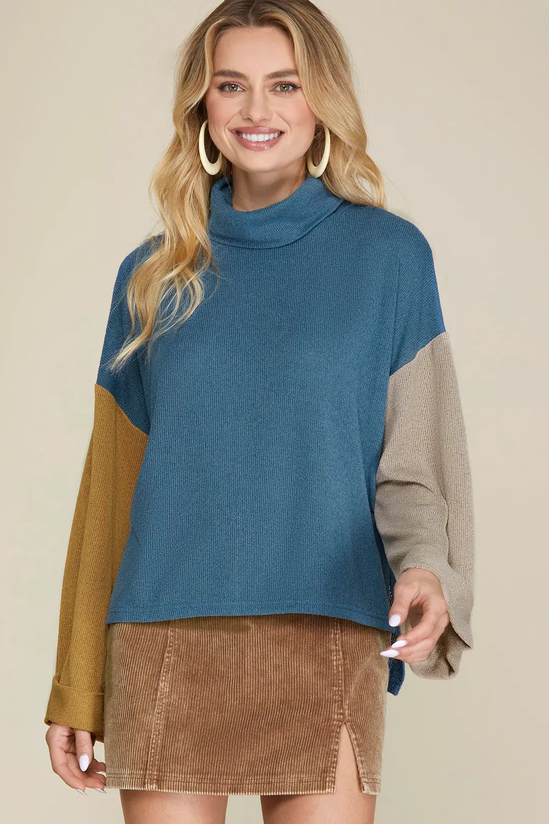 Mock Neck Color Block Knit Top