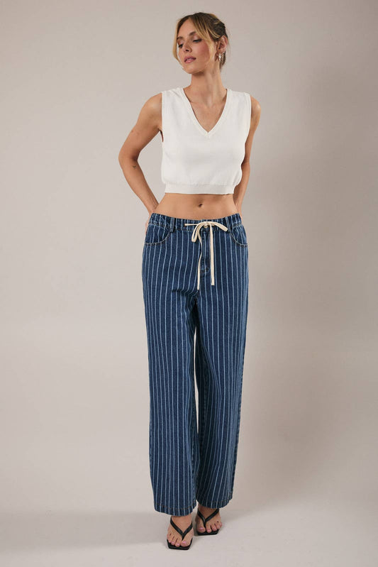 Striped Straight Front Tie Jeans