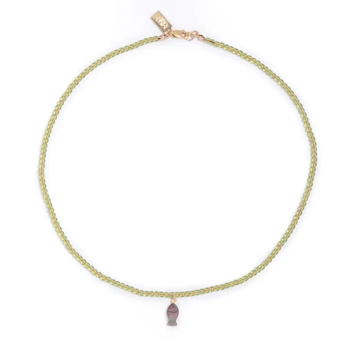 Black Mother of Pearl Fish Charm Beaded Necklace in Olive