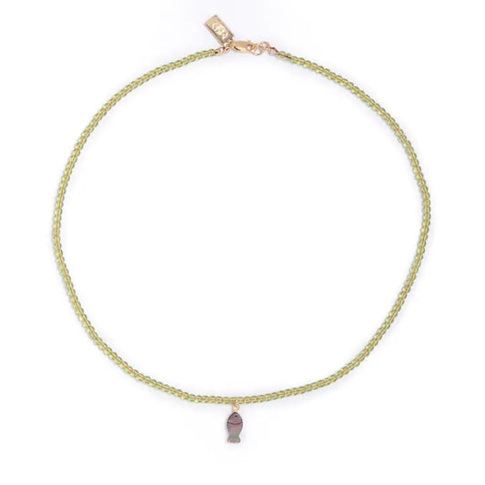 Black Mother of Pearl Fish Charm Beaded Necklace in Olive