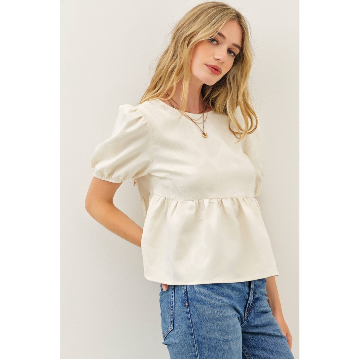 Textured Leaf Babydoll Top with Open Back Bows