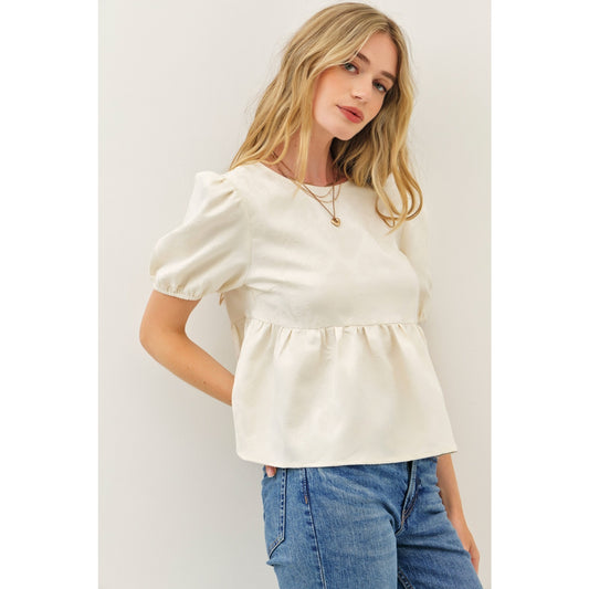 Textured Leaf Babydoll Top with Open Back Bows