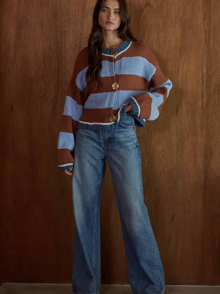 Knit Sweater Cotton Acrylic Nylon Striped Cardigan