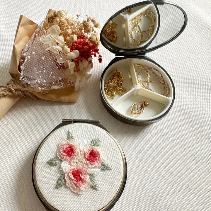 Floral Embroidered Round Jewelry Case