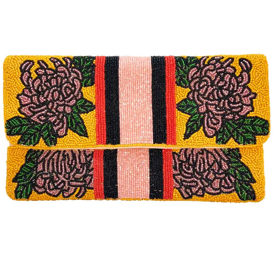 Pink Florals with Red & Black Outlines Beaded Clutch