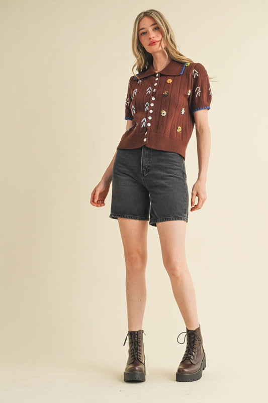 Hand Embroidered Short Sleeve Button Down Sweater