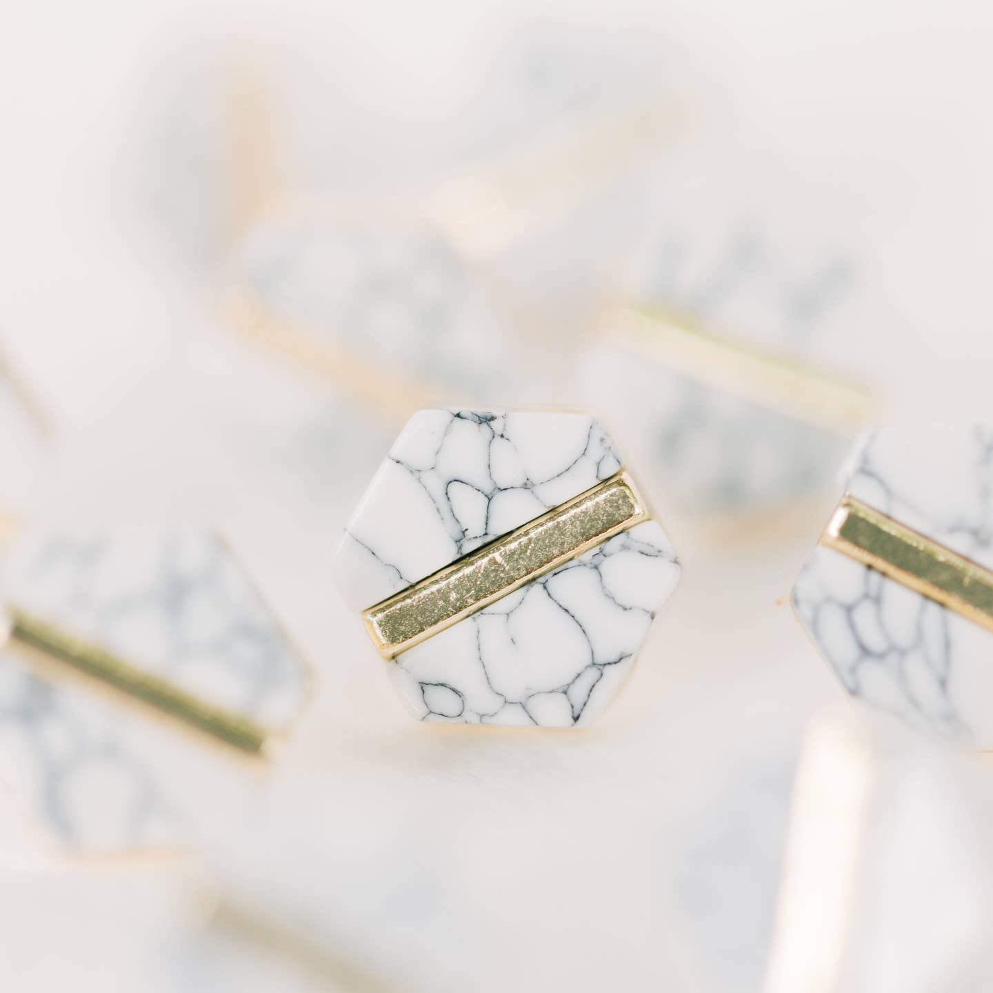 White Marble Hexagon Statement Stud Earrings