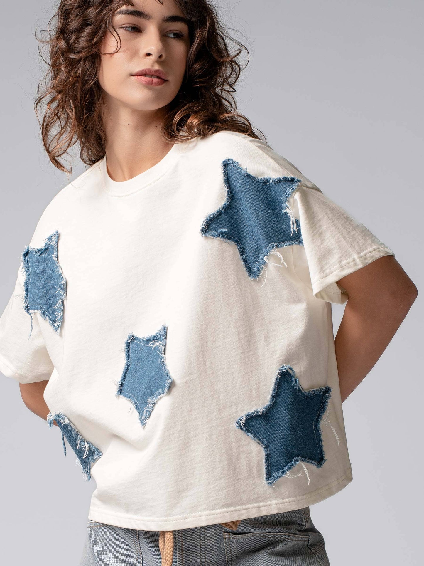 Distressed Denim Star Appliqué Cotton Tee