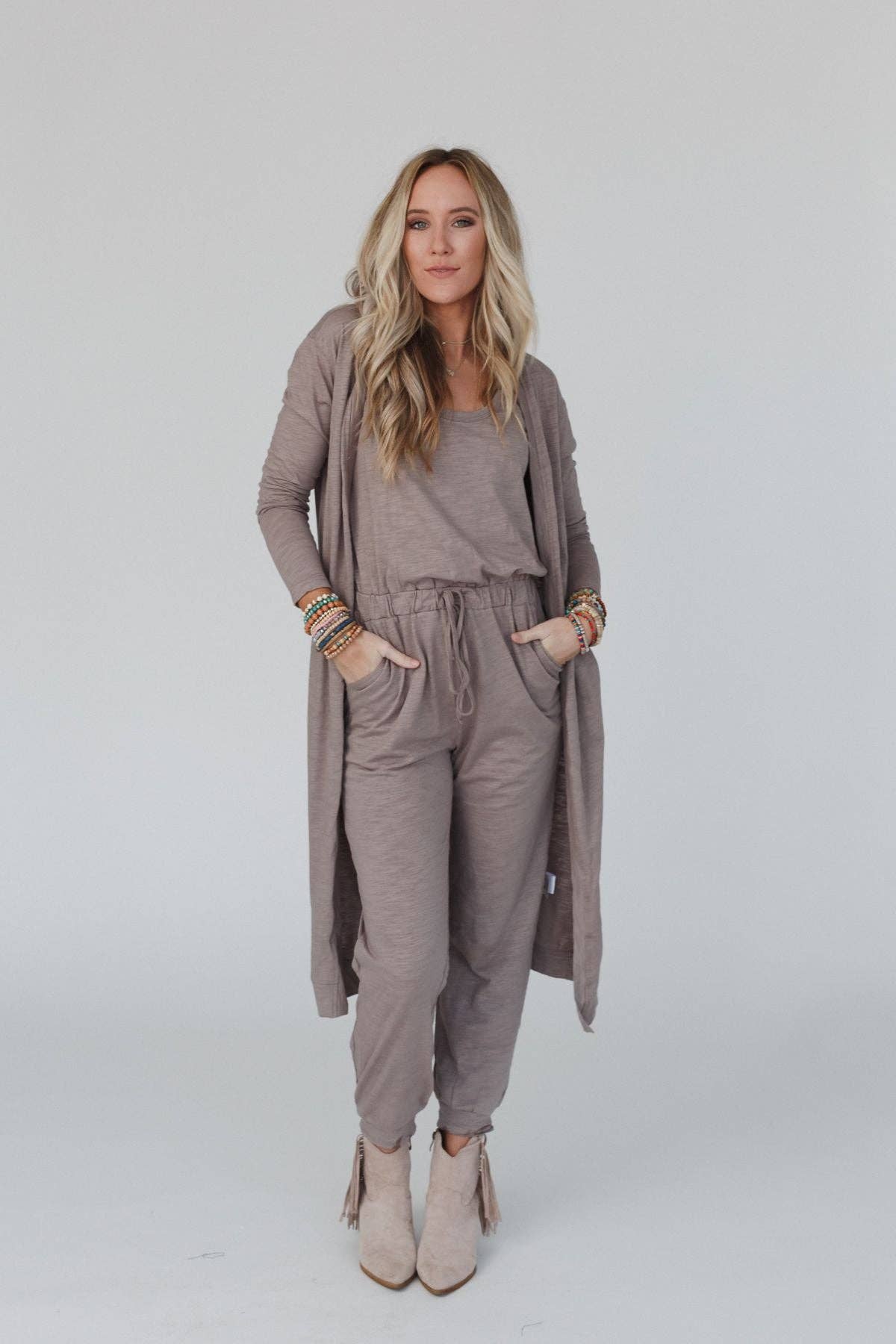 Set to Go - Jumpsuit And Cardigan Set - Mocha