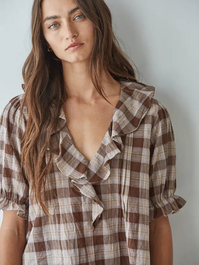Woven Cotton Spandex Printed Ruffle Plunged V-Neck