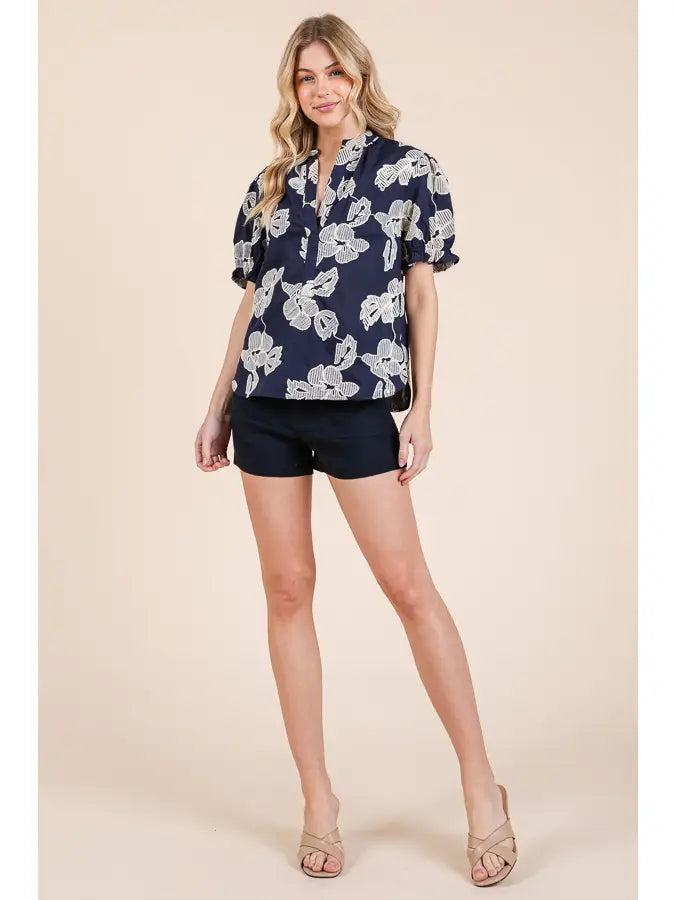 Embroidered Split Neck Puff Sleeve Blouse - Navy