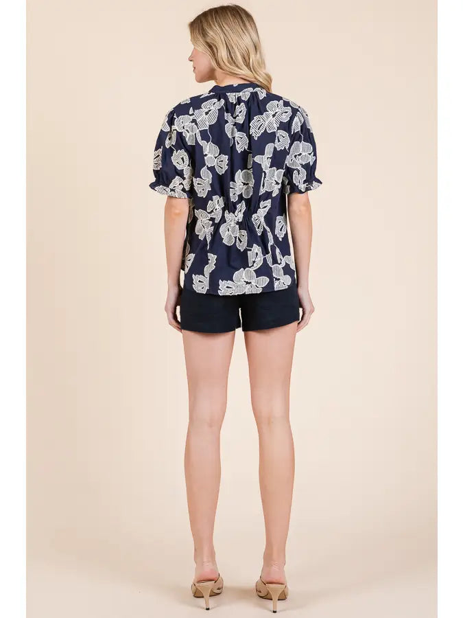 Embroidered Split Neck Puff Sleeve Blouse - Navy