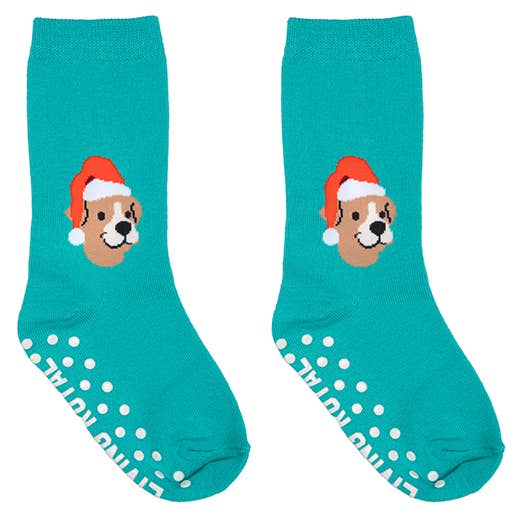 3D Packaged Crew Socks - Kids - Santa Puppy -Teal