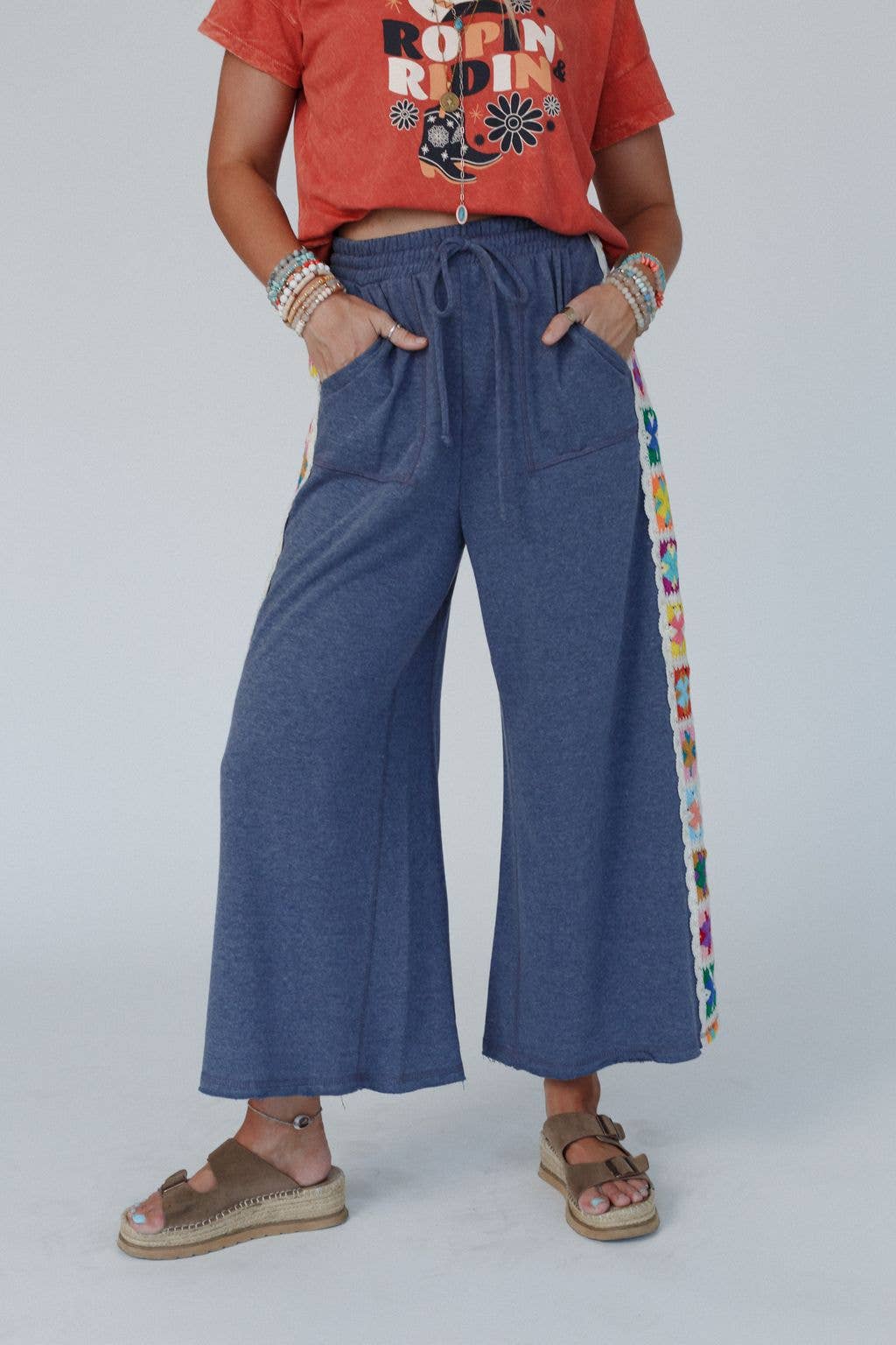 Love Seeker Crochet Panel Pants - Heather Navy