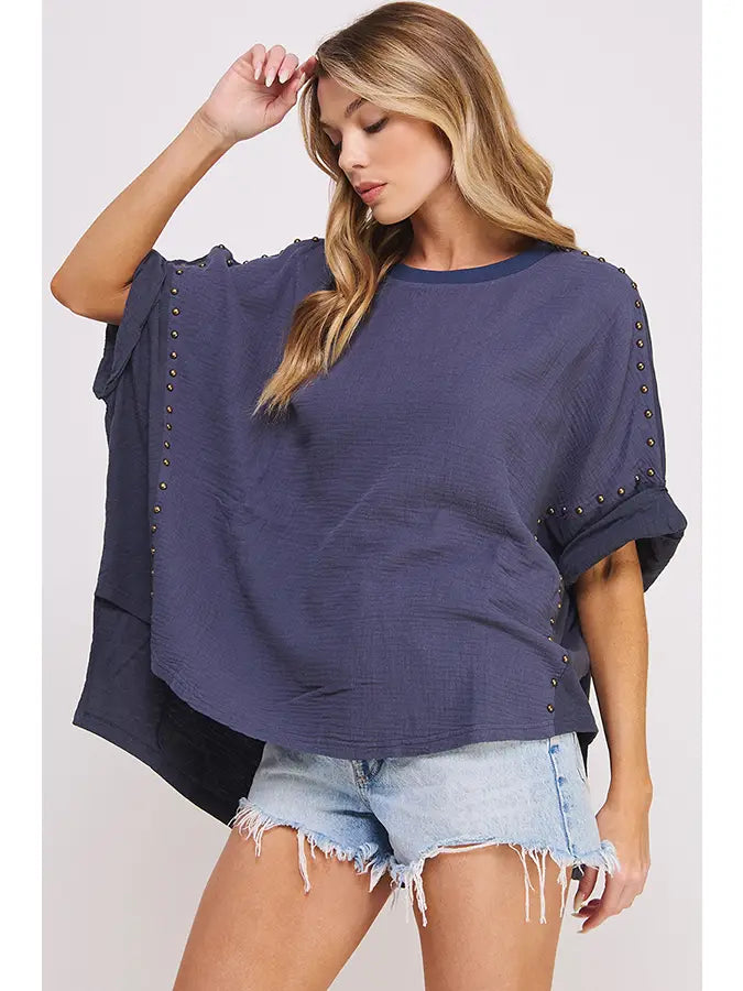 Textured Short Stud Embellished Hi-Lo Top
