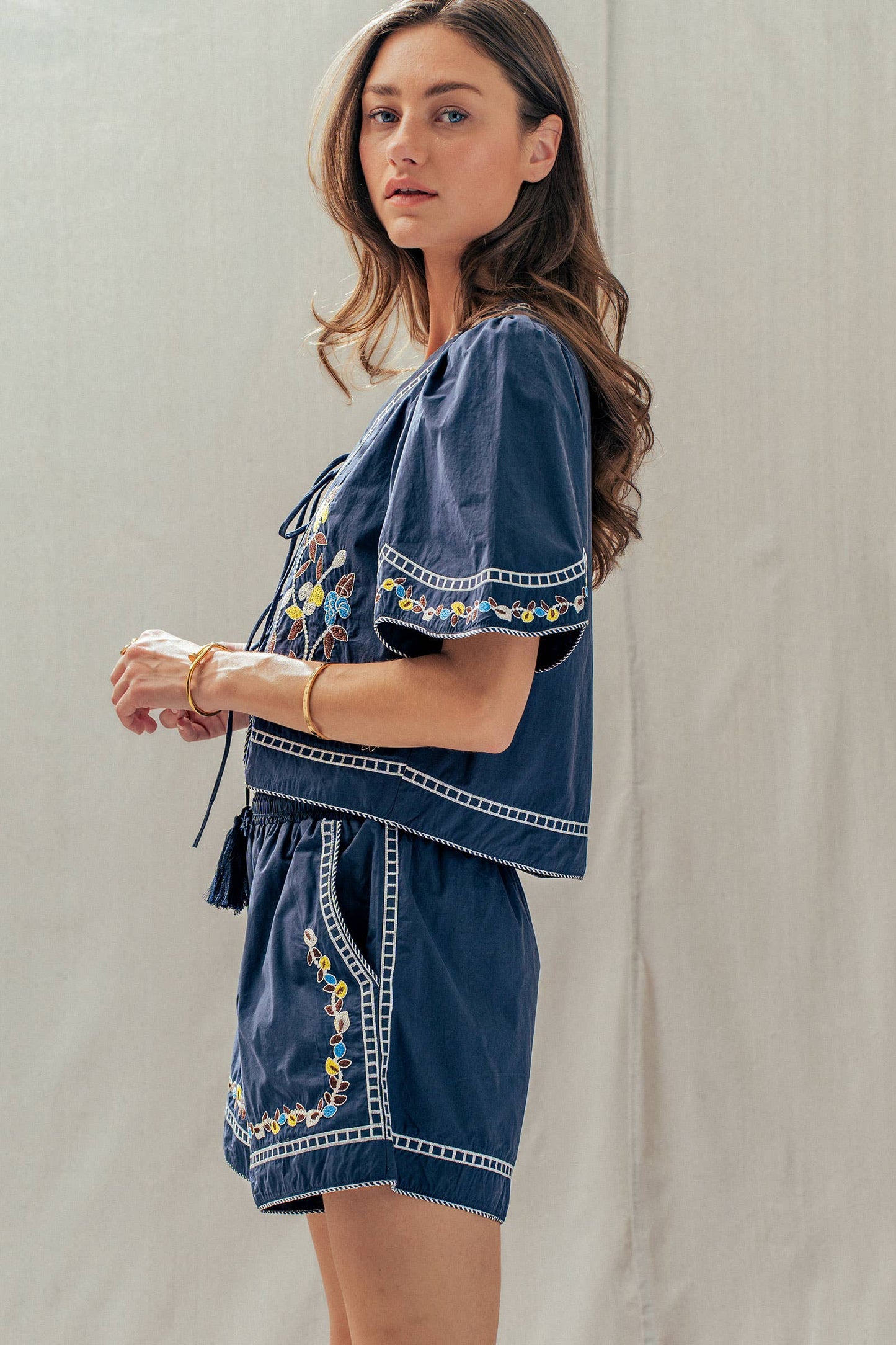 Floral Embroidered Tie Front Cotton Top