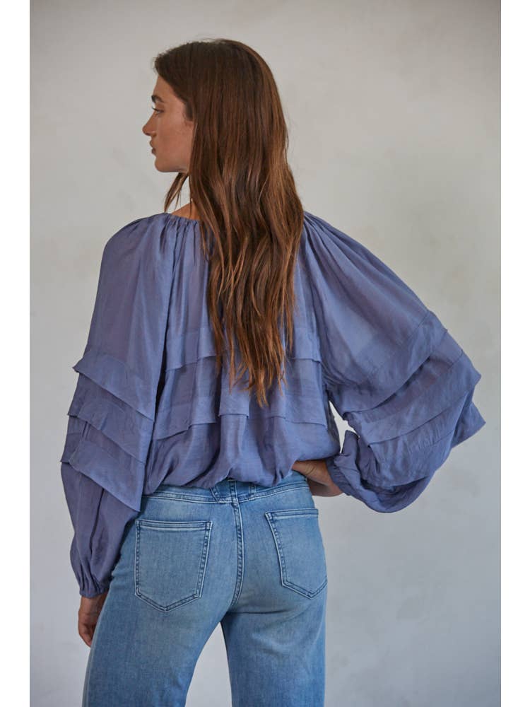 Balloon Sleeve Ruffled Blue Top