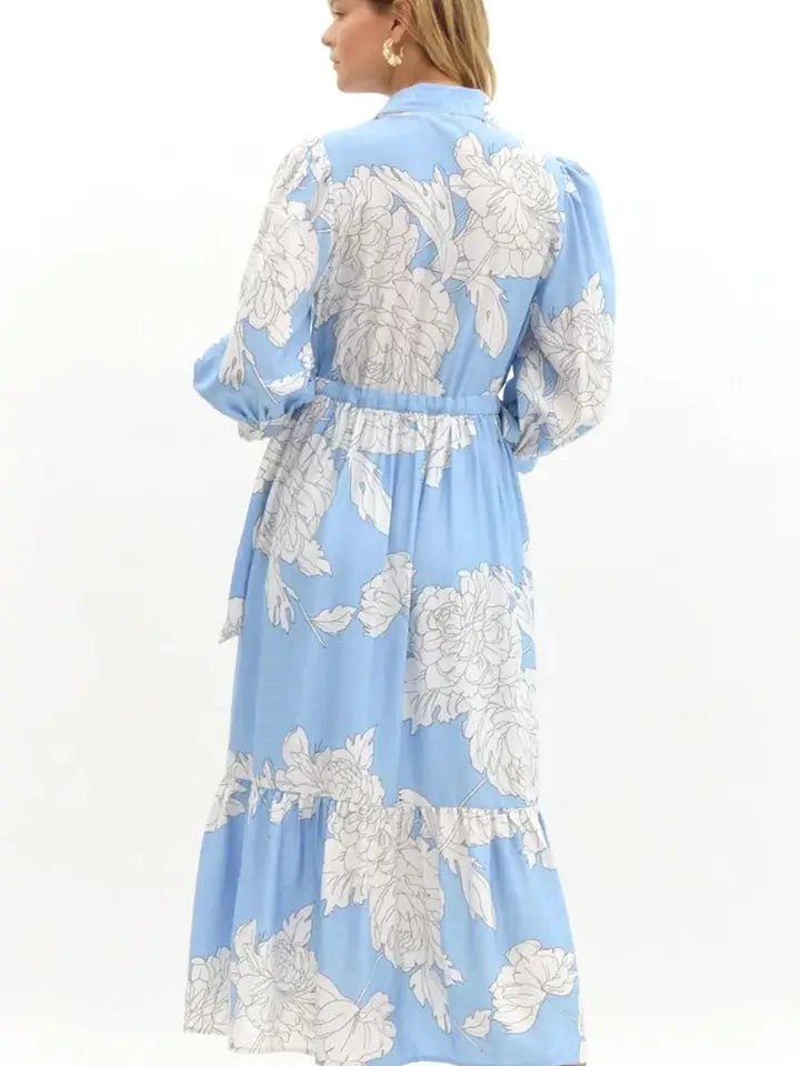 Sky Blue Floral Print Long Dress