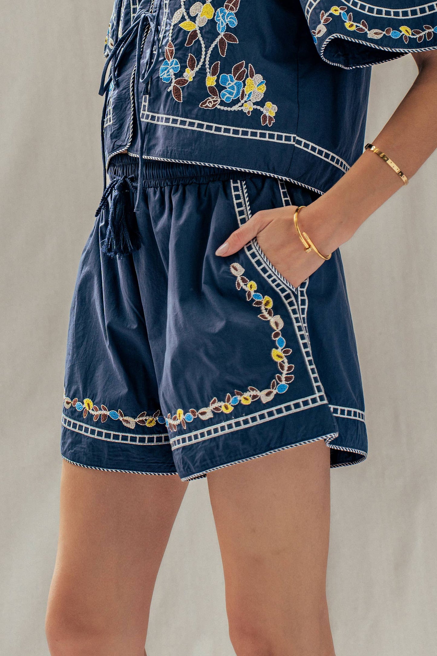 Floral Embroidered Drawstring Cotton Shorts