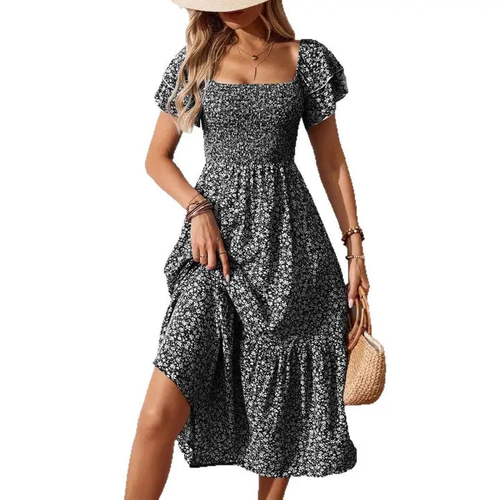 Floral Square Neck Smocked Short Sleeve Maxi Dress