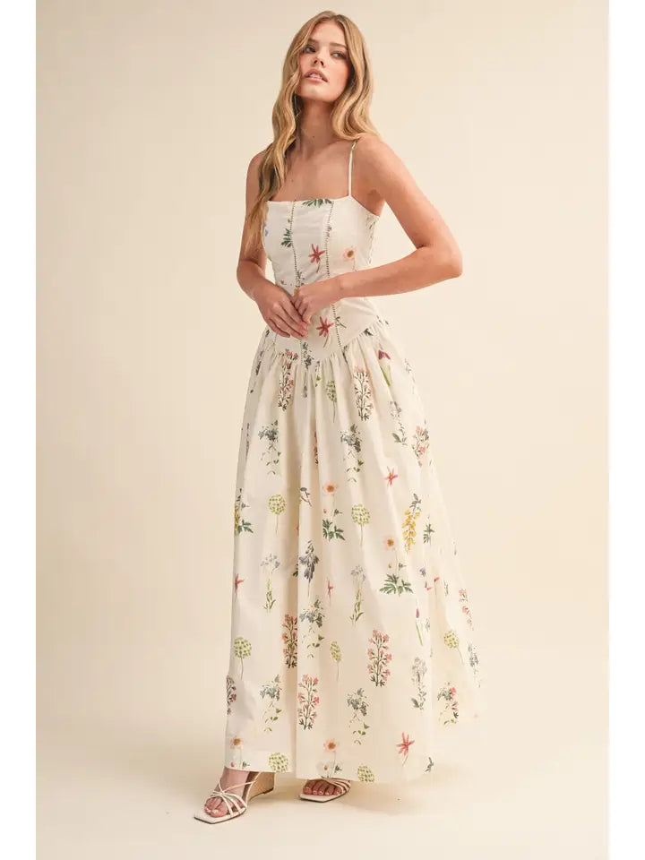 Floral Printed Cami Drop Waist Cut Maxi Dress