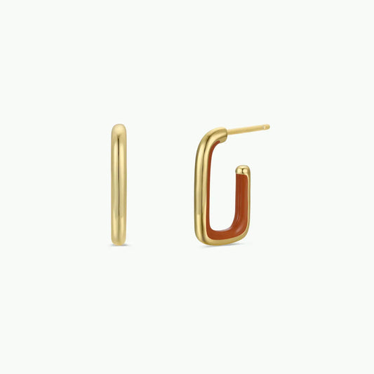 Brown Enamel Large Rectangular Gold Hoops