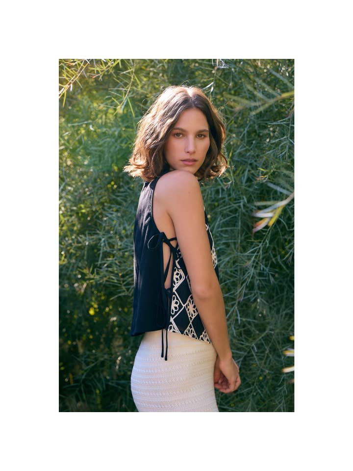 Floral Applique Top with Side Bow Tie Detail