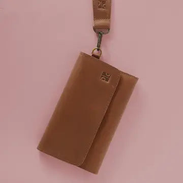 Brown Trifold Leather Wallet Wristlet
