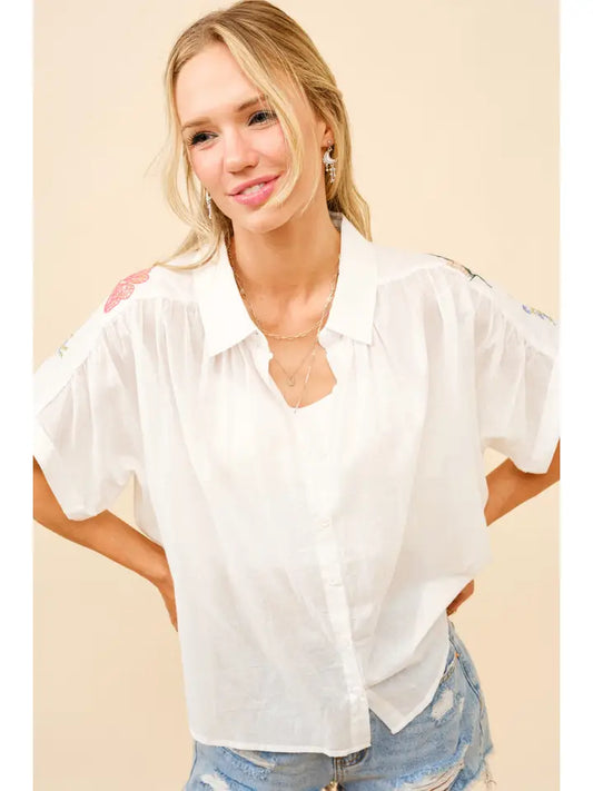 Cotton Embroidered Dolman Sleeve Shirt