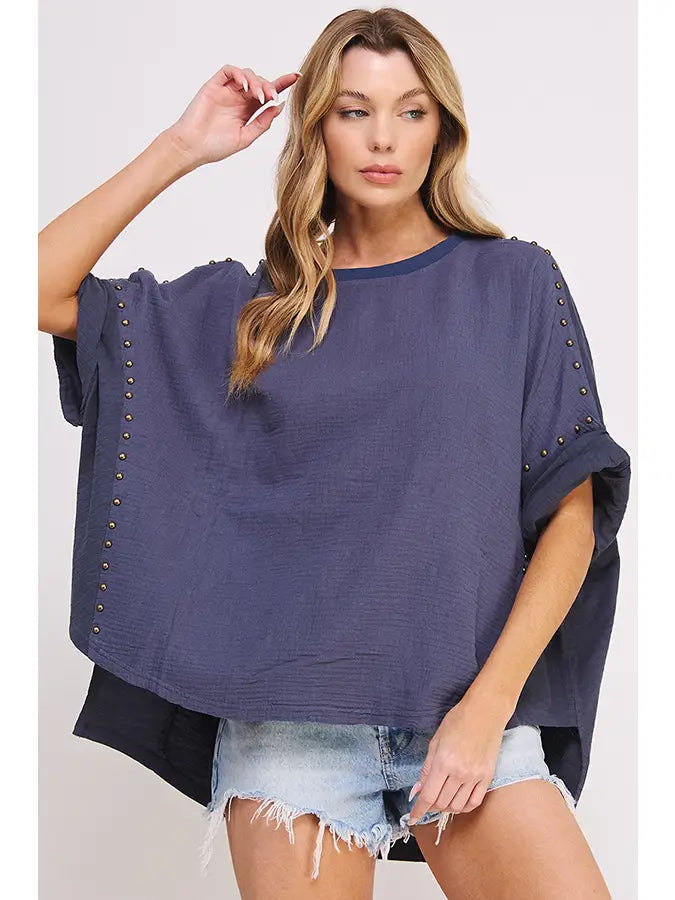 Textured Short Stud Embellished Hi-Lo Top