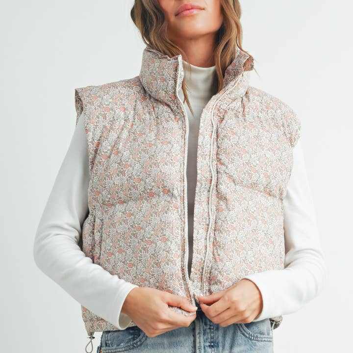 Floral Cropped Puffer Vest