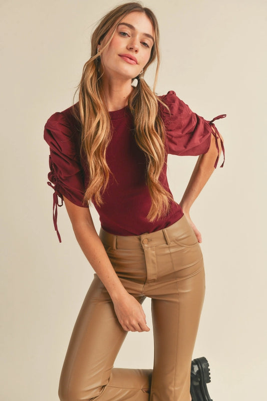 Ruched Sleeve Mixed Media Top