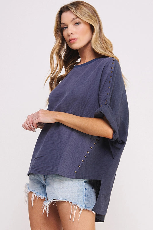 Textured Short Stud Embellished Hi-Lo Top
