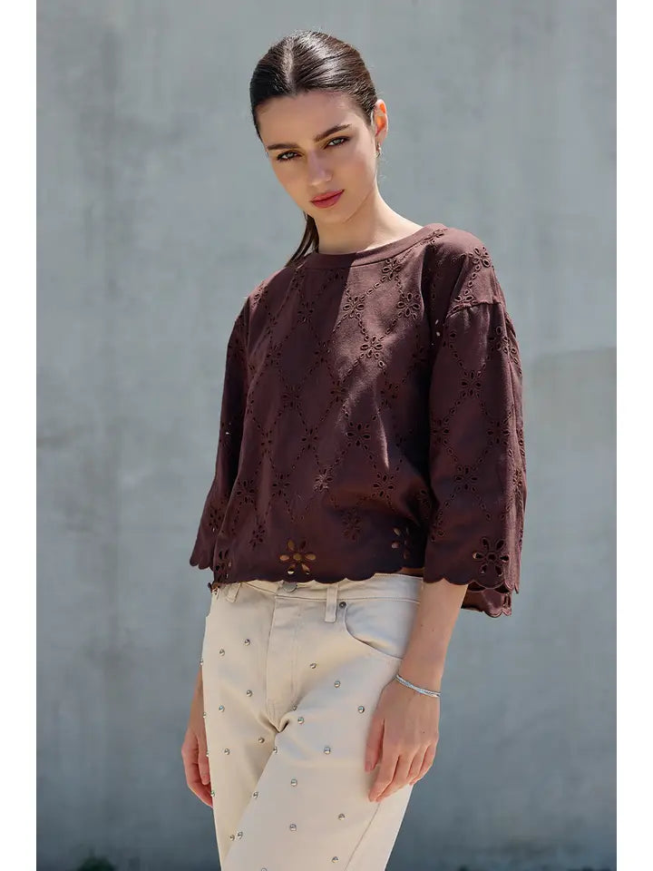Eyelet Embroidered Scallop Hem Tee