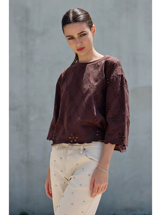 Eyelet Embroidered Scallop Hem Tee