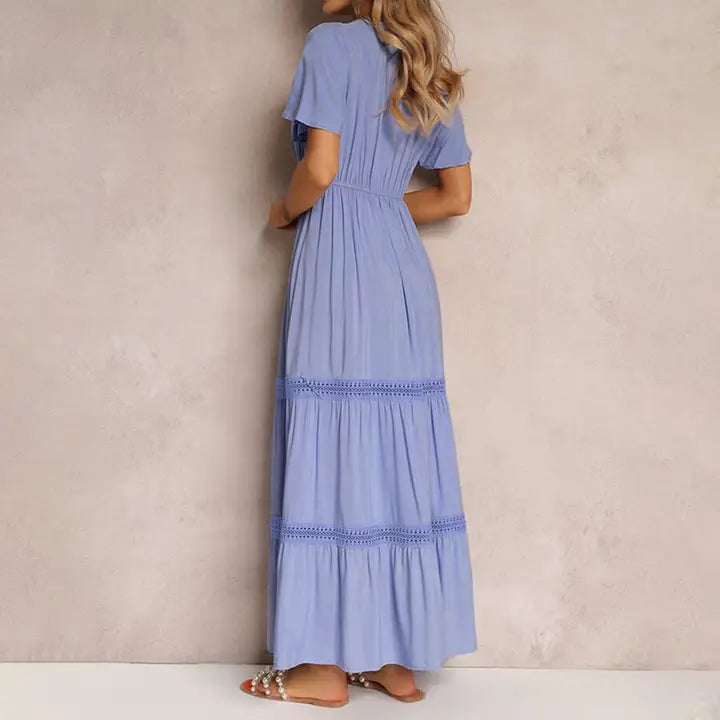 Blue V Neck Ruffle Sleeve Maxi Dress