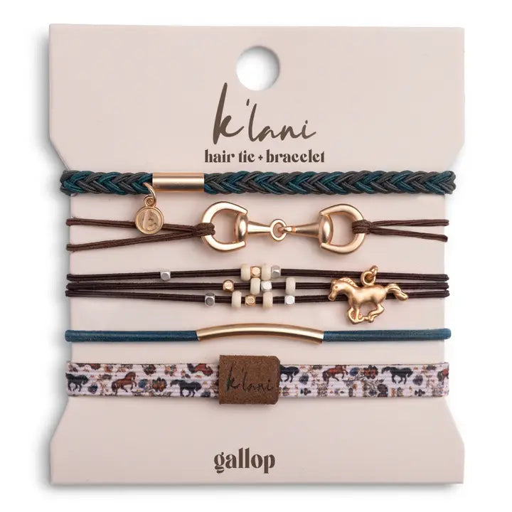 Gallop" Horse & Bit Equestrian Accents in Rich Brown & Blue Hair Tie Bracelets
