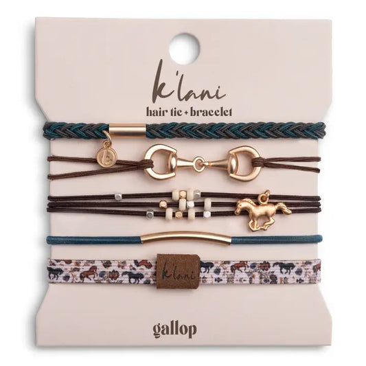 Gallop" Horse & Bit Equestrian Accents in Rich Brown & Blue Hair Tie Bracelets