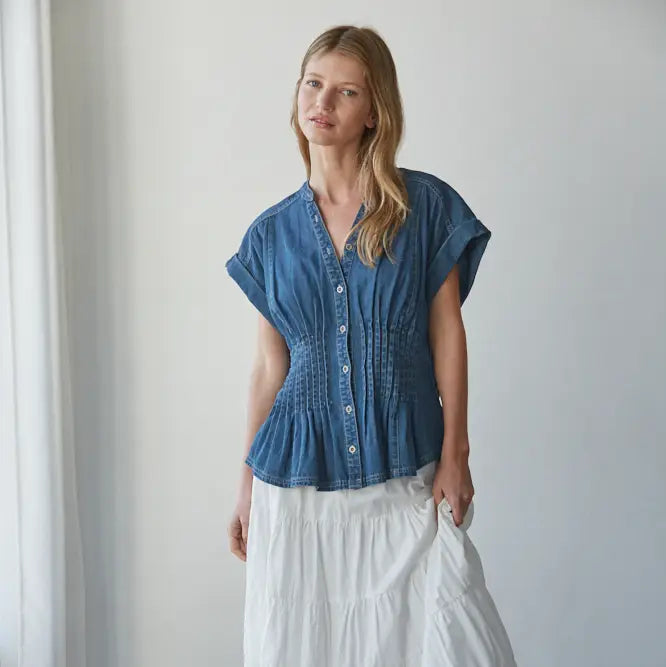 Denim Pleated Button Down Top