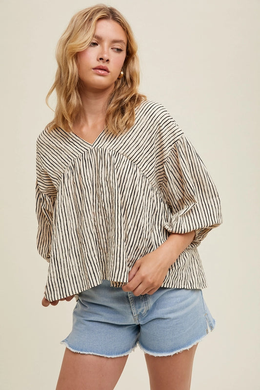 Striped 3/4th Balloon Sleeve Top