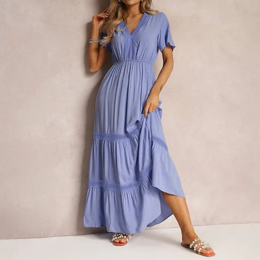 Blue V Neck Ruffle Sleeve Maxi Dress