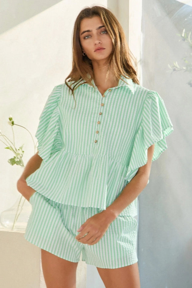Ruffle Sleeves Pintuck Striped Shirt Top