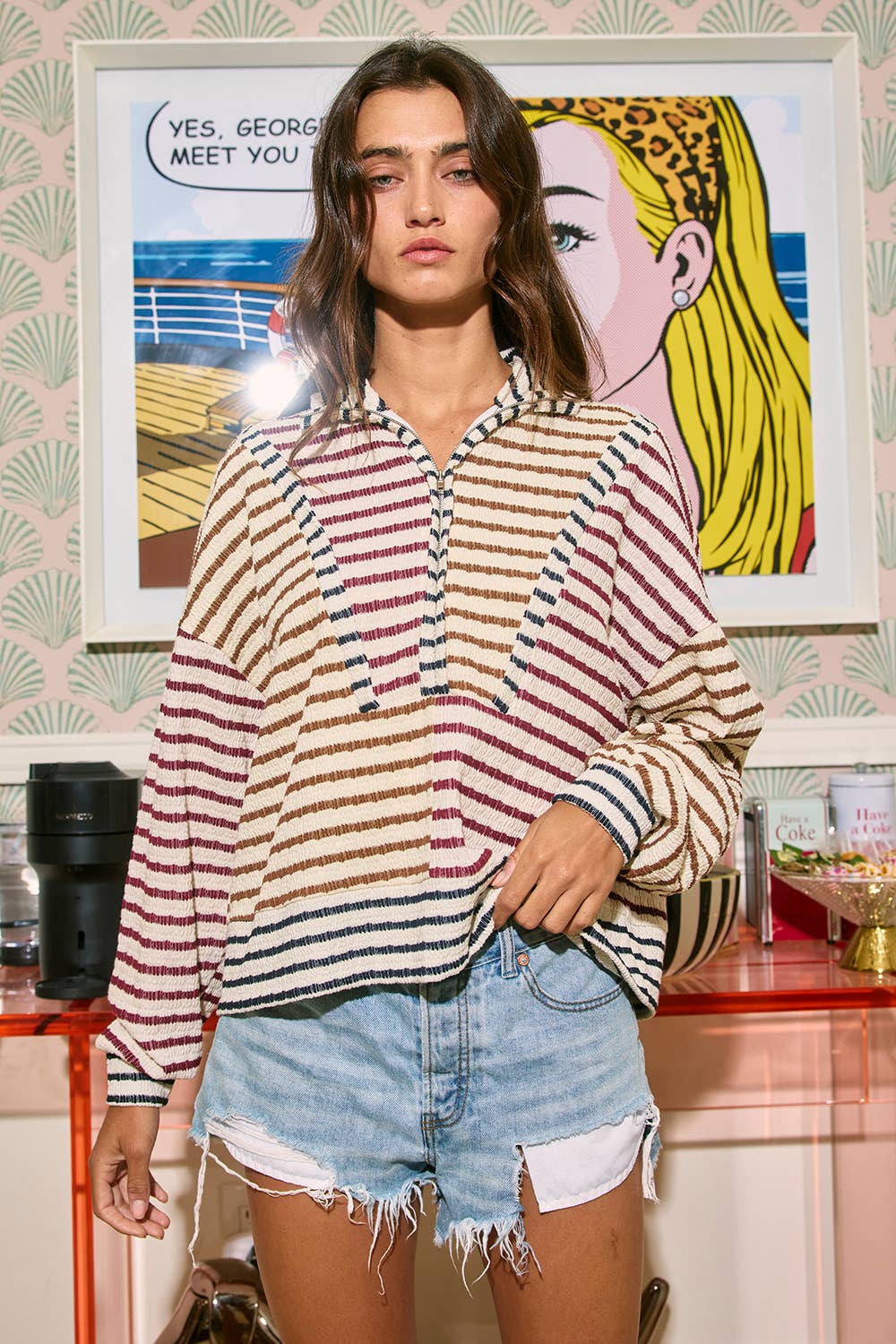 Oversized Funnel-Neck Half Zip Striped Top