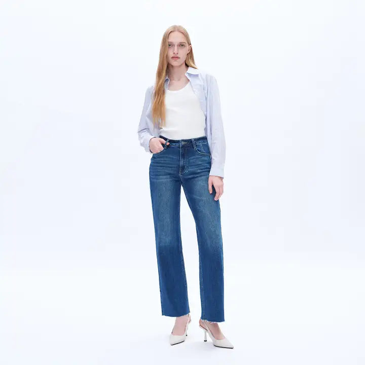 High Rise Wide Leg Jeans with Raw Hem