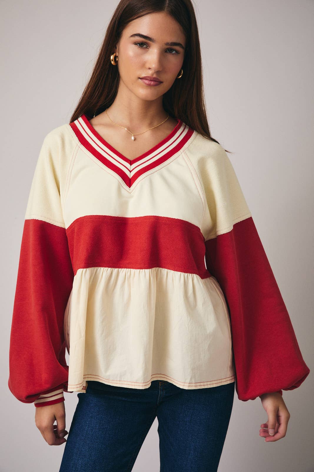 Colorblock V Neck Babydoll Top